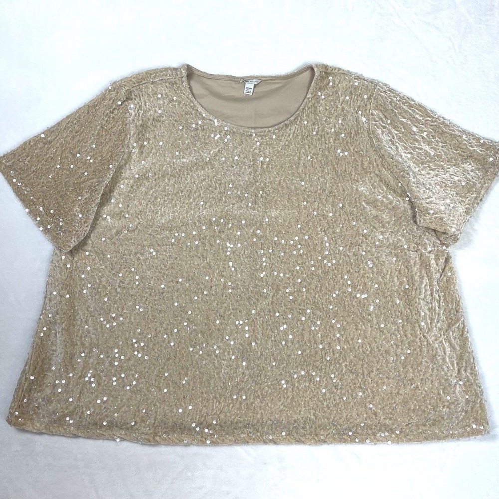 Cato Women's Beige Sequin Velour Short Sleeve Blouse Plus Size 26/28W